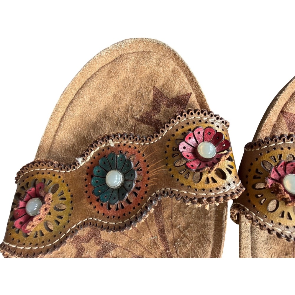 Spring Step L'Artiste Womens Tan‎ Floral Leather Slide Sandals Size 40 US 9-9.5 - Picture 2 of 11